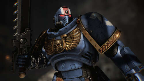 Lieutenant Titus in heavy power armor from Warhammer 40,000: Space Marine 2 against... free wallpaper
