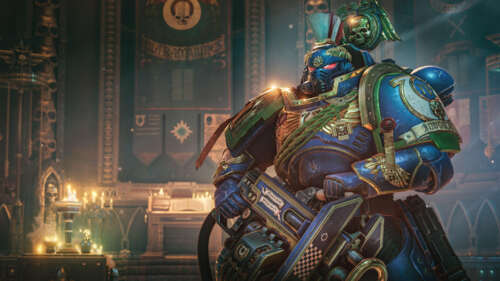 A detailed view of an Ultramarine Space Marine in iconic blue power armor, inspired... high definition wallpaper