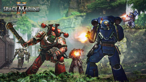 An Ultramarine Space Marine from Warhammer 40,000: Space Marine 2 in blue power armor. free background