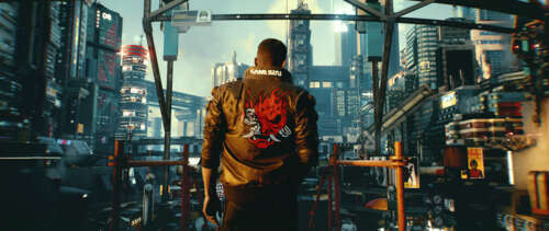 V from Cyberpunk 2077 wearing a Samurai jacket in a dystopian cyberpunk setting UWUHD free wallpaper