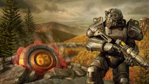 A character wearing the iconic blue and yellow Vault suit standing amidst the ruins... wallpaper