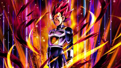 Vegeta in Super Saiyan God form with a vibrant red aura from Dragon Ball Legends desktop wallpaper