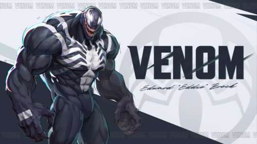 Venom from Marvel Rivals with his signature black symbiote features and white eyes.