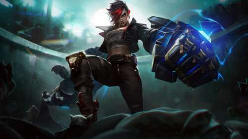 A detailed close-up portrait of Vi from League of Legends and Arcane, featuring her...