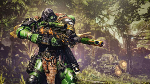 A heavily armored Space Marine from Warhammer 40,000: Space Marine 2 standing ready... free hd wallpapers