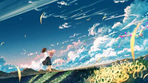 An anime girl holding a colorful flower bouquet in a dreamlike, sunlit landscape... wallpaper
