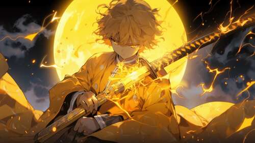 Zenitsu Agatsuma from Demon Slayer: Kimetsu no Yaiba wielding a sword with golden... free wallpaper