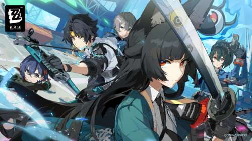 A cinematic character poster featuring Belle, Wise, and Hoshimi Miyabi from Zenless... free wallpaper