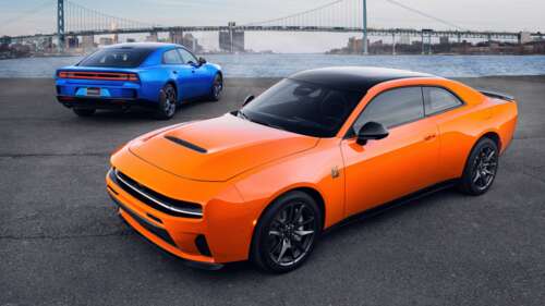 Futuristic 2026 Dodge Charger Daytona Scat Pack electric muscle car with sleek aerodynamic... 4K (Ultra HD) free background