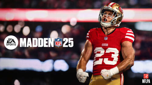 Christian McCaffrey of the San Francisco 49ers in a Madden NFL 25 gameplay scene. wallpaper