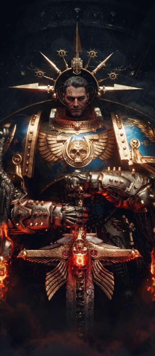 Digital illustration of Demetrian Titus from Warhammer 40,000 wearing heavy power... free background images