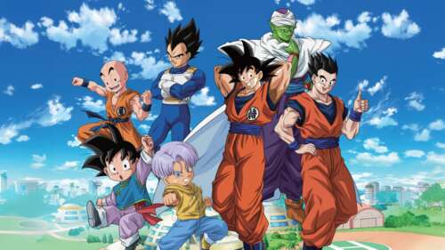 A cinematic group poster featuring Goku, Vegeta, Gohan, Piccolo, and Trunks from... pictures for wallpaper