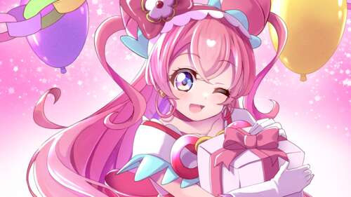 A high-resolution anime girl with a soft expression against a solid pink background. computer backgrounds