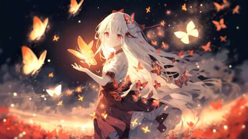 A surreal anime girl surrounded by a kaleidoscope of colorful butterflies in a dreamlike,... 4K (Ultra HD) wallpaper