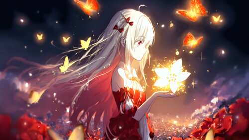 A beautiful anime girl surrounded by a swirling cloud of colorful butterflies in... Desktop wallpaper images