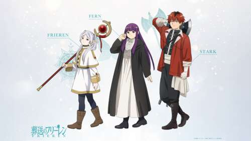 Frieren, Fern, and Stark from Frieren: Beyond Journey's End standing together in... Desktop free background
