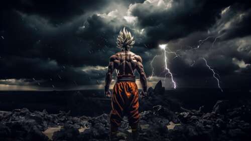 Goku from Dragon Ball in Super Saiyan form during a powerful lightning storm hd background