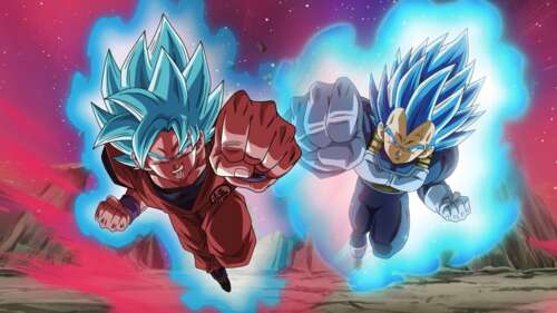Goku and Vegeta clashing in their Super Saiyan Blue transformations from Dragon Ball... free background
