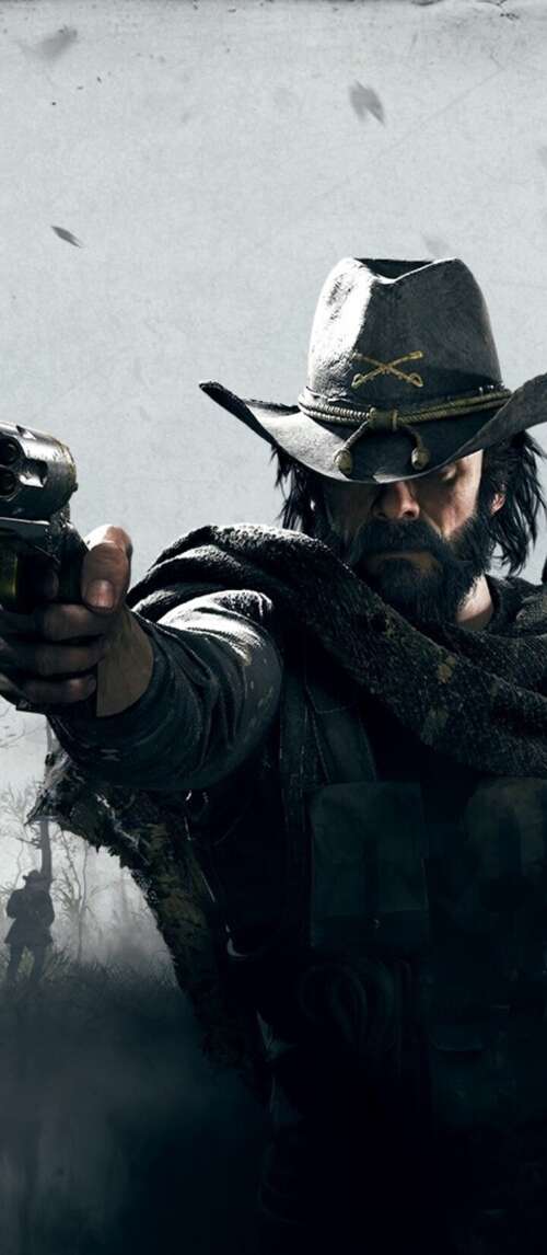 A gritty bounty hunter in period-accurate clothing holding a weapon in a dark, misty... free wallpaper