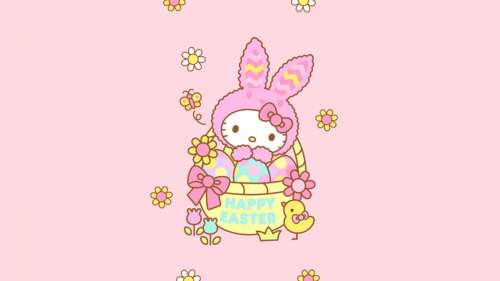 Hello Kitty character from Sanrio dressed as an Easter bunny on a pink background. wallpaper