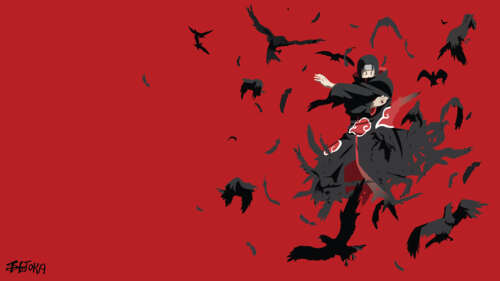 Itachi Uchiha from Naruto set against a vibrant red background 4K (Ultra HD) high definition wallpaper