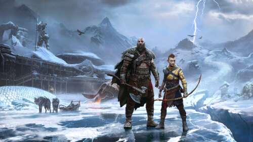 A cinematic movie-style poster featuring Kratos and Atreus from the video game God... wallpaper download