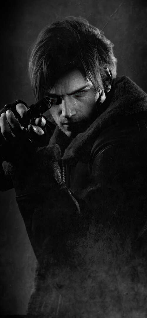 A cinematic portrait of Leon S. Kennedy from Resident Evil against a dark, moody... UmiDigi Umidigi X hand phone wallpaper