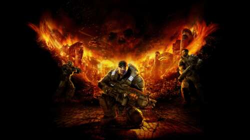 Marcus Fenix from Gears of War standing amidst intense flames and dark shadows in... wallpaper