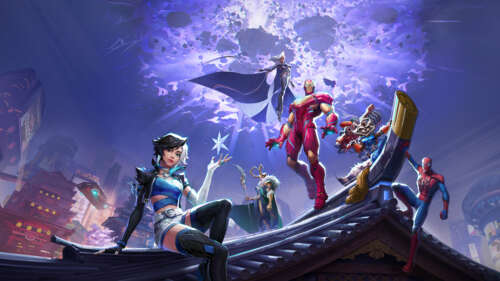 A dynamic action shot of superheroes from the Marvel Rivals video game in mid-battle. high definition wallpaper