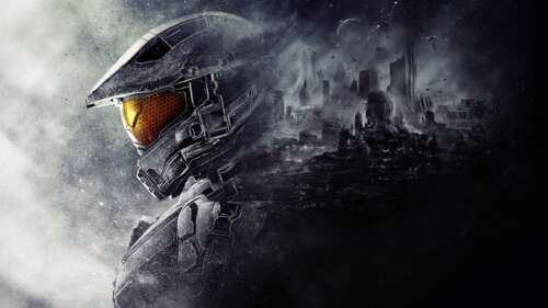 Master Chief from Halo 5: Guardians in detailed Spartan armor, cinematic poster art. Desktop wallpaper download