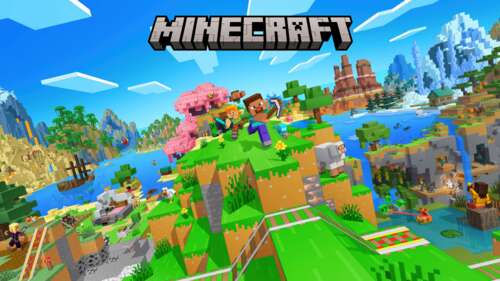 High-resolution 5K key art of Steve from Minecraft standing in a blocky landscape. Desktop