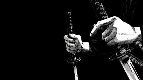 A dramatic portrait of the samurai Miyamoto Musashi from the Vagabond manga holding...