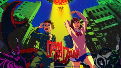 Anime illustration of Okarun and Aira Shiratori from Dandadan wallpaper