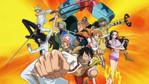 Anime poster featuring Monkey D. Luffy, Roronoa Zoro, and Sanji from the One Piece... Desktop free wallpaper