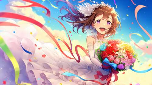 A happy anime bride holding a large, colorful bouquet of flowers in a vibrant, colorful... free wallpaper