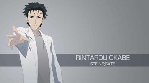 Rintaro Okabe from Steins;Gate looking intensely forward wearing a white lab coat. wallpaper