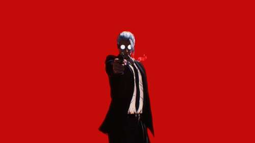 Taro Sakamoto from Sakamoto Days against a vibrant red background Desktop wallpaper