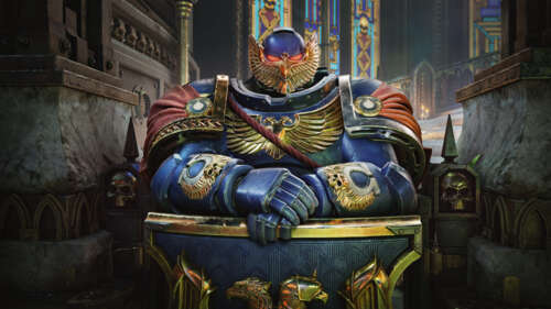 A battle-worn blue and gold Storm Shield belonging to an Ultramarine Space Marine... wallpaper