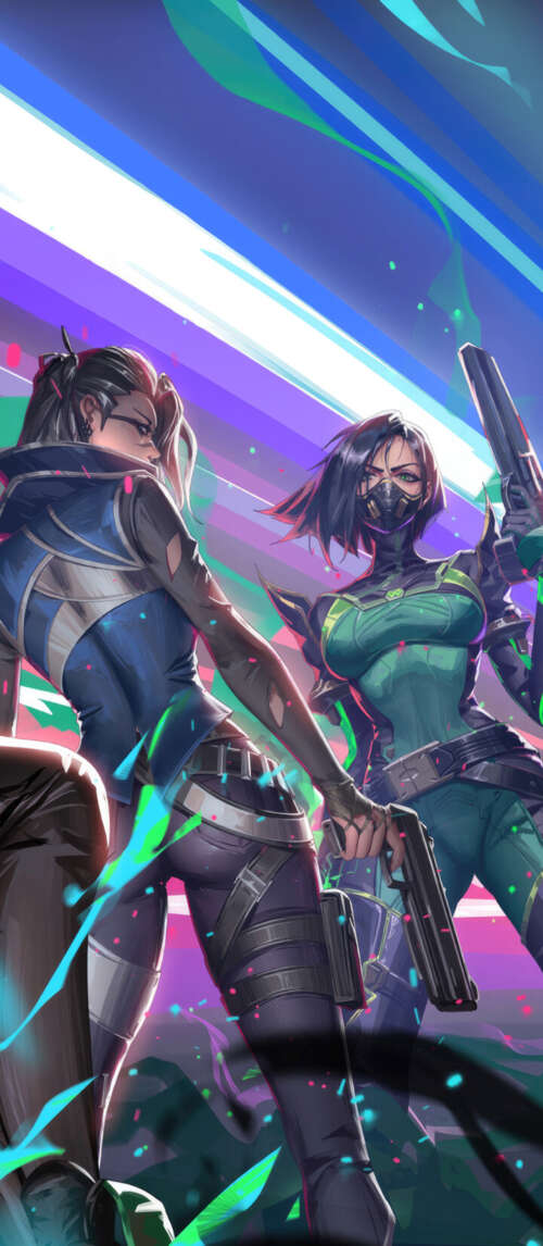 A group portrait of Valorant characters Viper, Sage, Jett, Killjoy, and Fade. Xiaomi Redmi 14C 5G wallpaper download