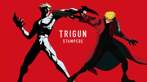A high-resolution 5K portrait of Vash the Stampede from Trigun Stampede against a... free background
