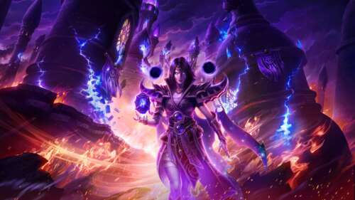 A powerful Voidweaver from World of Warcraft: The War Within, shrouded in dark cosmic... wallpaper