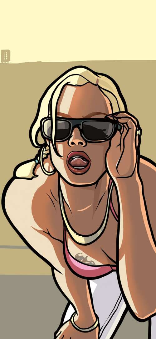 Carl "CJ" Johnson from Grand Theft Auto: San Andreas standing in a street setting,... Apple iPhone 16e hand phone wallpaper