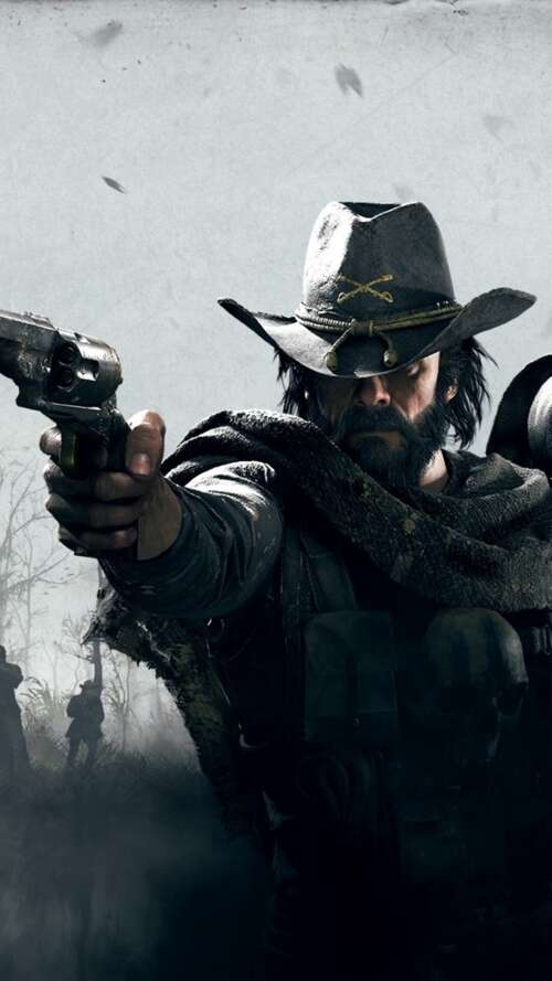 A gritty bounty hunter in period-accurate clothing holding a weapon in a dark, misty... lava Play Max cell phone backgrounds free