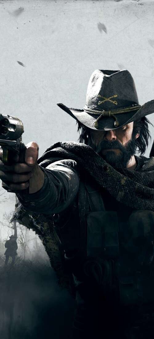 A gritty bounty hunter in period-accurate clothing holding a weapon in a dark, misty... Honor Magic V6 pictures for wallpaper