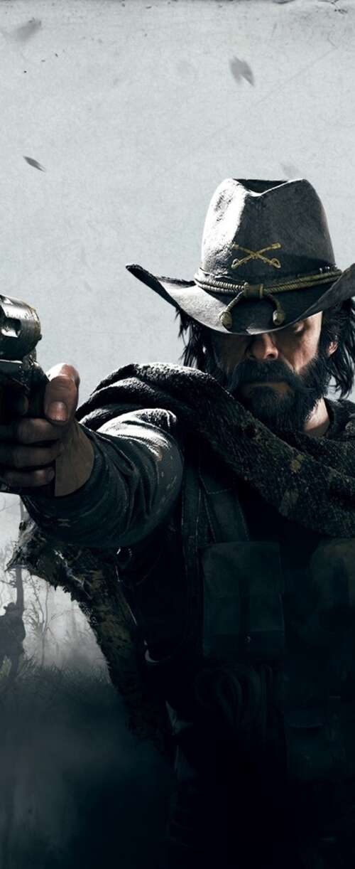 A gritty bounty hunter in period-accurate clothing holding a weapon in a dark, misty... Meizu Note 16 free background