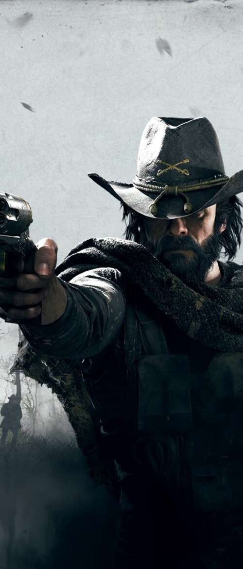A gritty bounty hunter in period-accurate clothing holding a weapon in a dark, misty... Samsung Galaxy Z Flip7 lock screen wallpaper