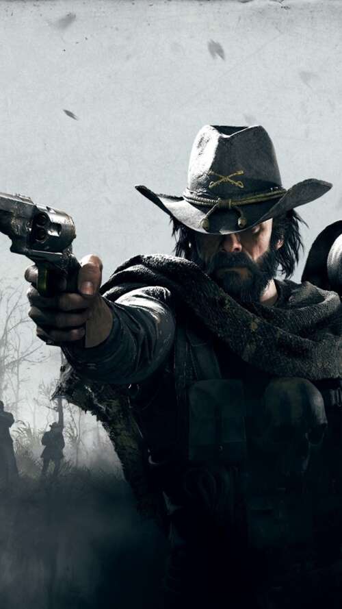 A gritty bounty hunter in period-accurate clothing holding a weapon in a dark, misty... Apple iPhone SE 2020 wallpaper photo gallery download