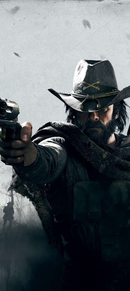 A gritty bounty hunter in period-accurate clothing holding a weapon in a dark, misty... Doogee Fire 7 pictures for wallpaper