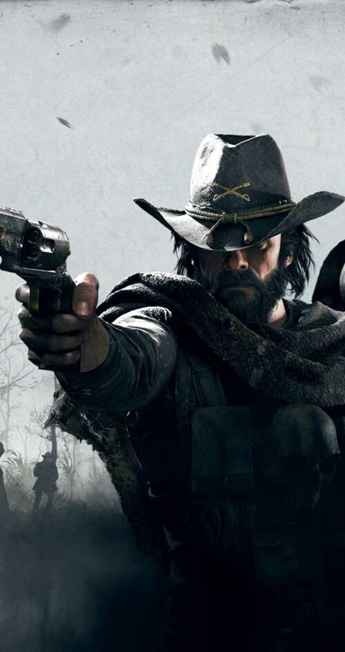 A gritty bounty hunter in period-accurate clothing holding a weapon in a dark, misty... Sharp Aquos C10 high definition wallpaper