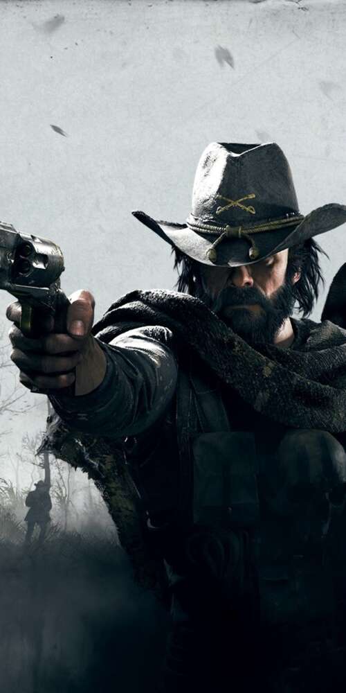 A gritty bounty hunter in period-accurate clothing holding a weapon in a dark, misty... Doogee Fire 3 wallpaper download